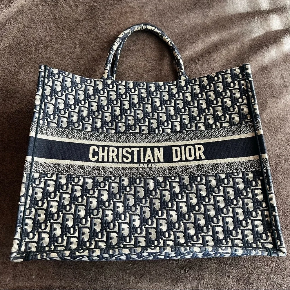 Dior | Bags | Christian Dior Logo Book Tote Large Ecru And Blue